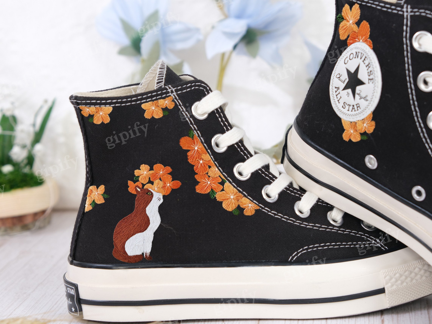 Custom Embroidered Converse Chuck Taylor All Star Shoes/Cat and Flower/1989 Embroidered Sneaker/Flower Embroidery Shoes/Handmade Gifts