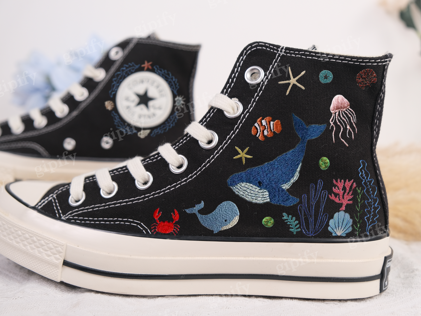 Custom Embroidered Converse High Tops/ Custom Converse Chuck Taylor 1970s Blue Whale Embroidered Shoes/ Ocean Vibes Embroidered