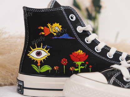 Converse Embroidered Custom Cartoon, Simpson Embroidered Converse, Flower Converse, Embroidery Converse Lisa and Simpson