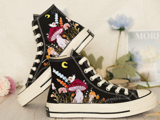 Customized Embroidered Converse High Tops/Mushrooms Embroidered Shoes Women/Gardens Flowers and Cat Embroidered Converse/Gifts for Her