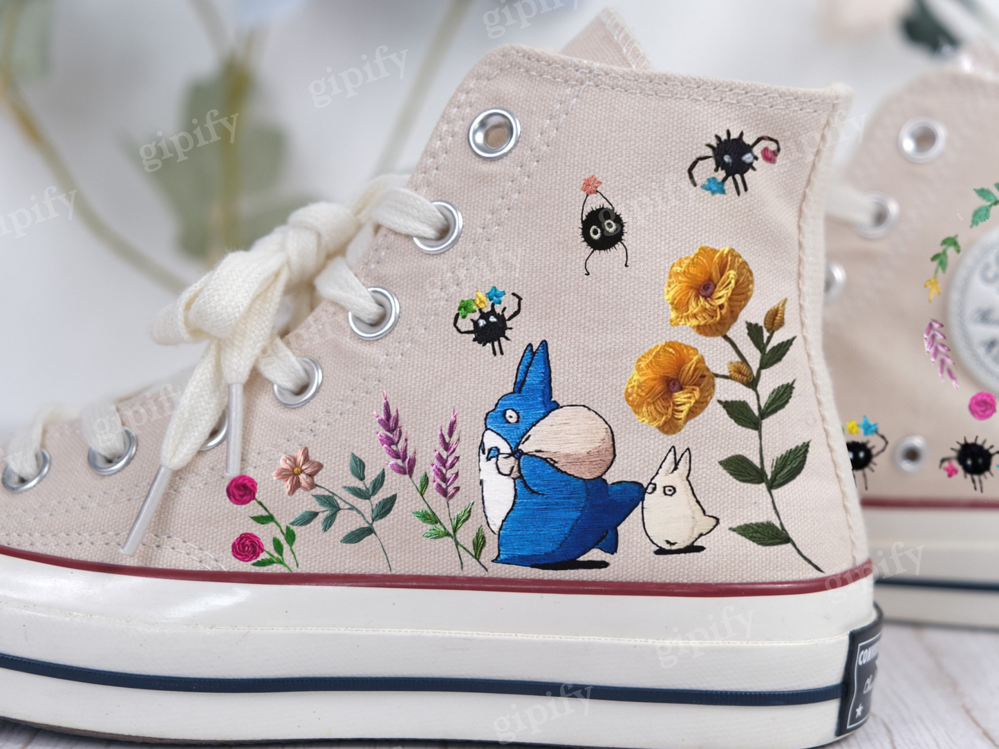 Neighbor Totoro Embroidered Converse/Converse Flower Embroidery/Custom Embroidery Converse High Tops/Embroidered Converse Chu and Chibi