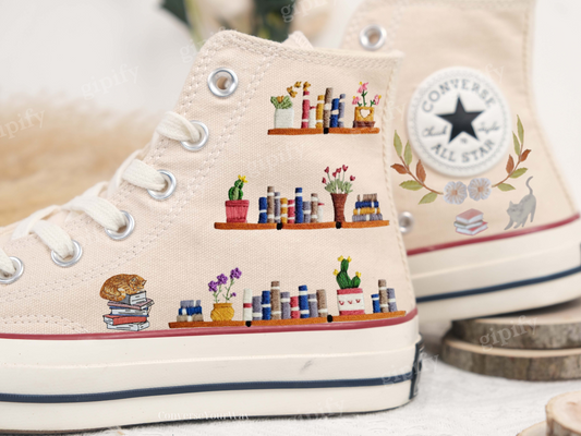 High-top Converse shoes with custom embroidered bookshelf/Embroidered Converse/Wedding Converse shoes/Embroidered pet cat and bookshelf