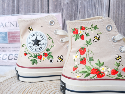 Custom Embroidered Converse Shoes, Strawberry Embroidered Sneakers, Converse Embroidered Bee, Garden Strawberry, Personalized Gifts for Her