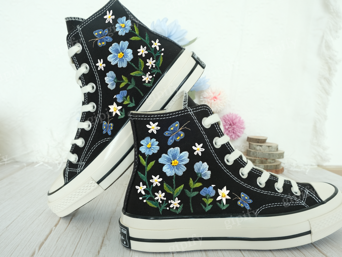 Embroidered Converse/Custom Converse High Top Chuck Taylor 1970s/Converse Embroidered With Blue And White Daisies And Monarch Butterflies