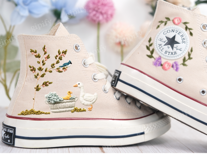 Custom Converse Wedding Sneakers/ duck + Flowers Embroidered Shoes/ Bridal Flowers + Pet Embroidered Sneakers/ Personalized Bride Shoes