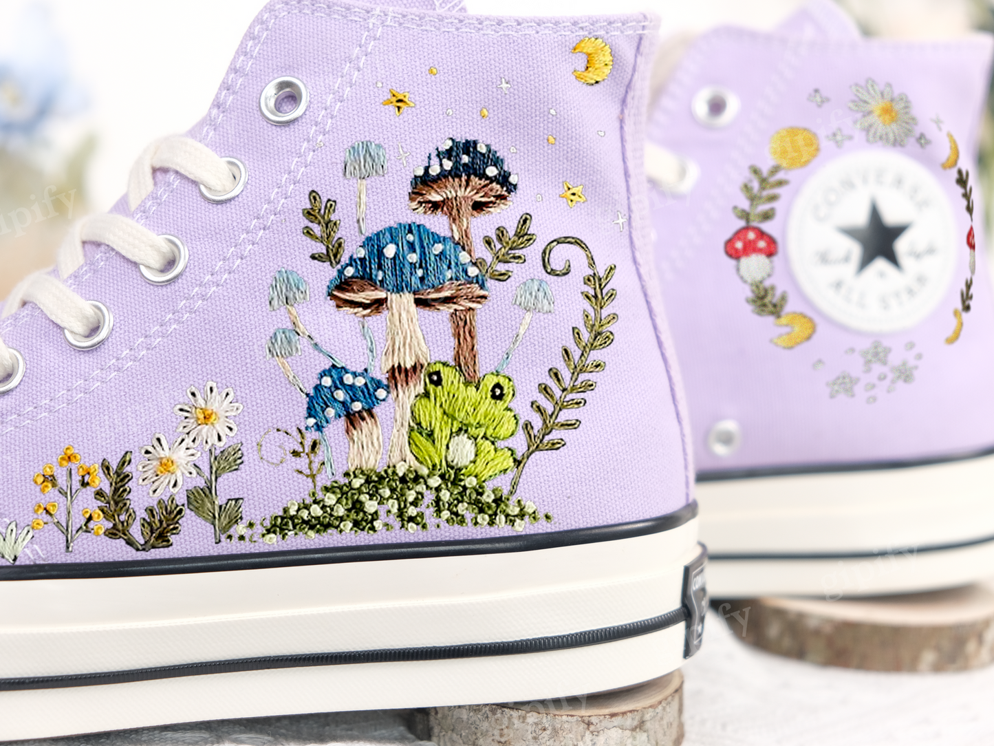 Embroidered Converse Mushroom and Frog, Converse High Tops Chuck Taylor Embroidered Frog & Mushroom, Mushrooms Embroidered Converse Custom