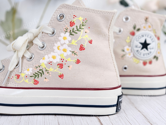 Strawberry Converse Shoes/1970s Converse High Top Chuck Taylor Shoes Embroidered with Red Strawberry Garden and Sweet White Flowers