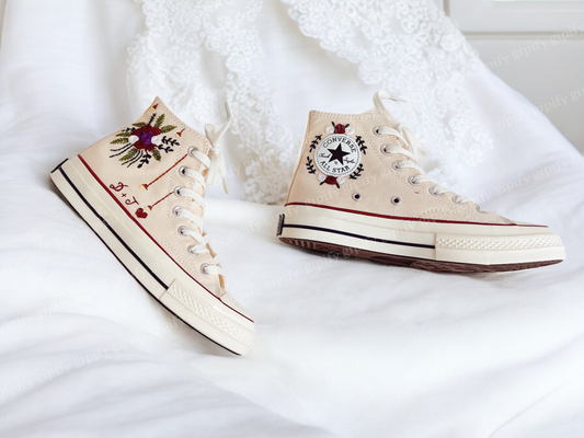 Custom Converse High Tops Embroidered Floral, Flower Embroidered Shoes Women, Wedding Flowers Embroidered Converse Custom, Wedding Shoes