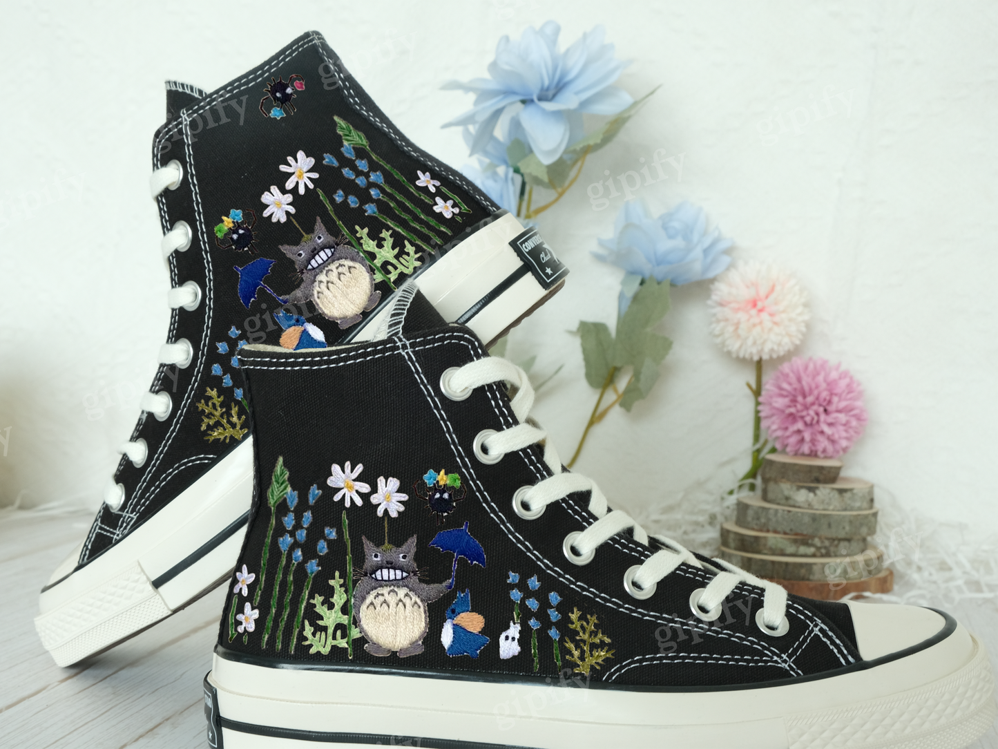 Converse Embroidered Custom Cartoon/Neighbor Totoro Embroidered Converse/Flower Converse, Embroidery Converse Chibi and Gibi