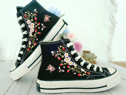 Strawberry Converse Shoes/1970s Converse High Top Chuck Taylor Shoes Embroidered with Red Strawberry Garden and Sweet White Flowers