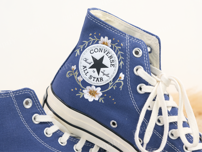 Custom Wedding Sneakers Platform, White Flower Embroidered Converse, Daisy Embroidery Bridal Sneakers, Personalized Bride Shoes Wedding Gift