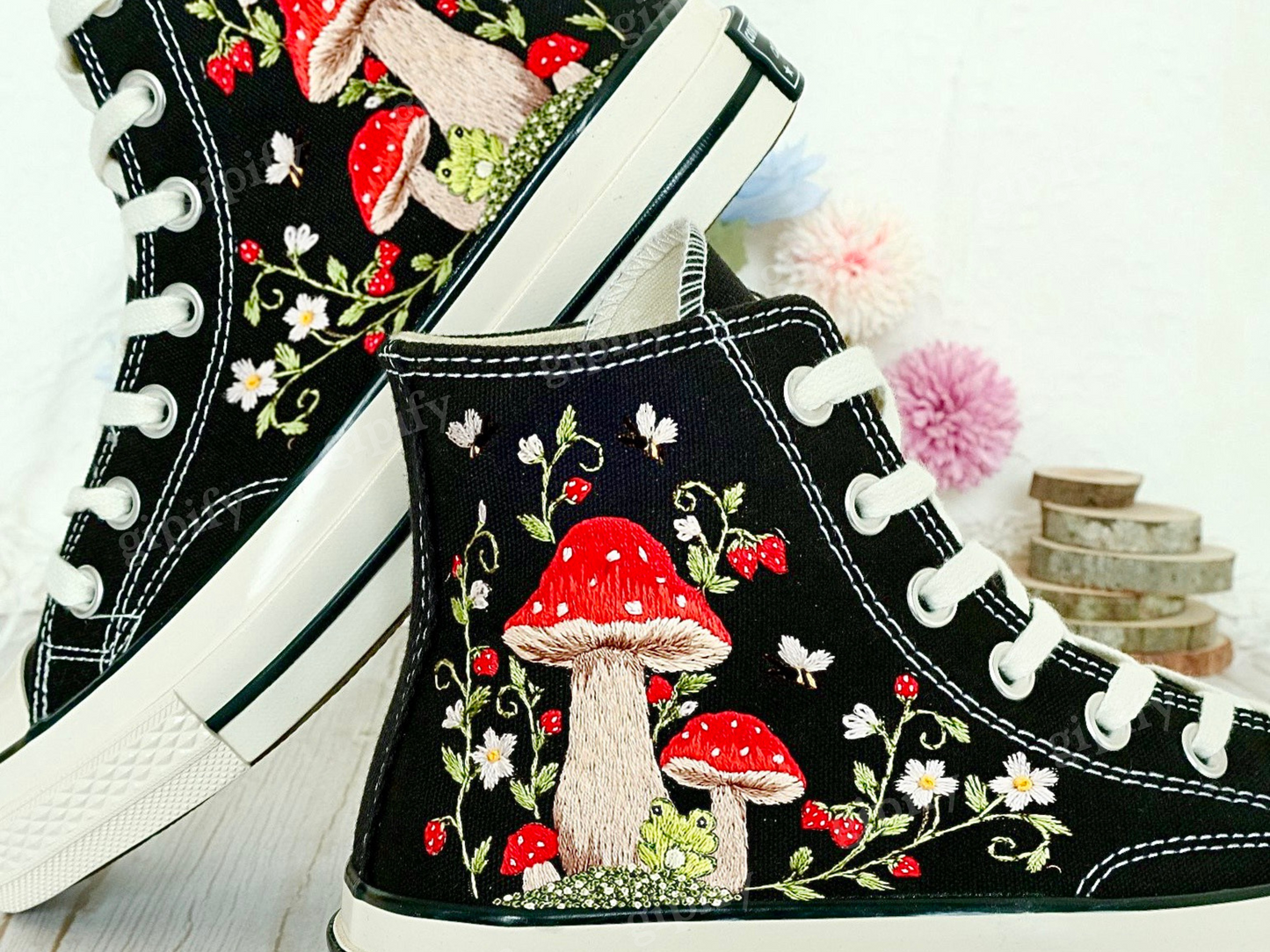 Customized Converse Embroidered Shoes/Mushrooms Embroidered Sneakers Women/Gardens Mushrooms/Strawberry Embroidered Converse Chuck Taylor