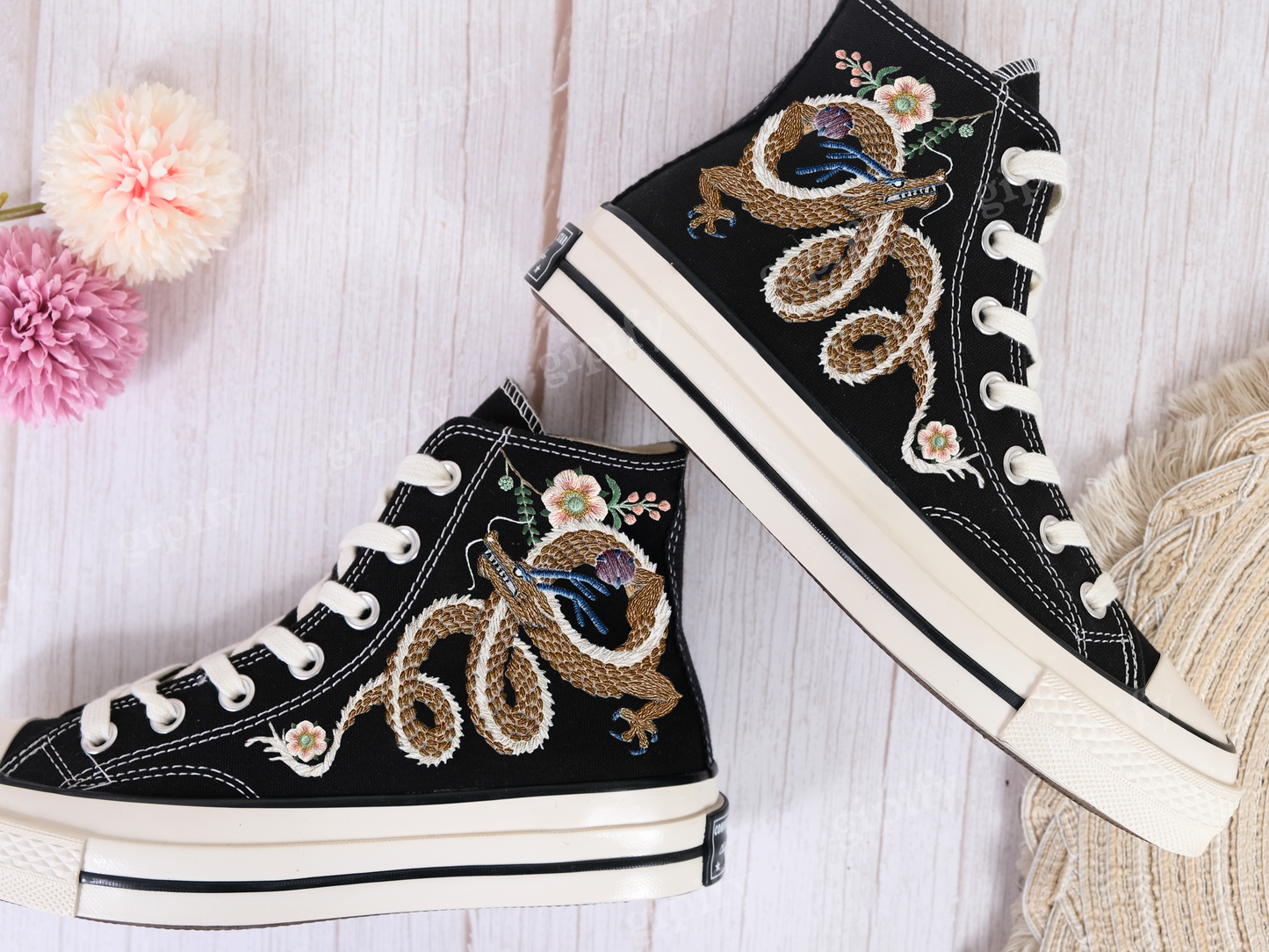 Custom Embroidered Converse High Tops Chuck Taylor 1970s/ Embroidered Snake Converse/ Custom Converse Chuck Taylor Embroidered Snake