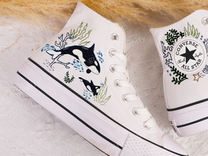 Custom Embroidered Converse High Tops/ Custom Converse Chuck Taylor 1970s Shark Embroidered/ Ocean Vibes Embroidered