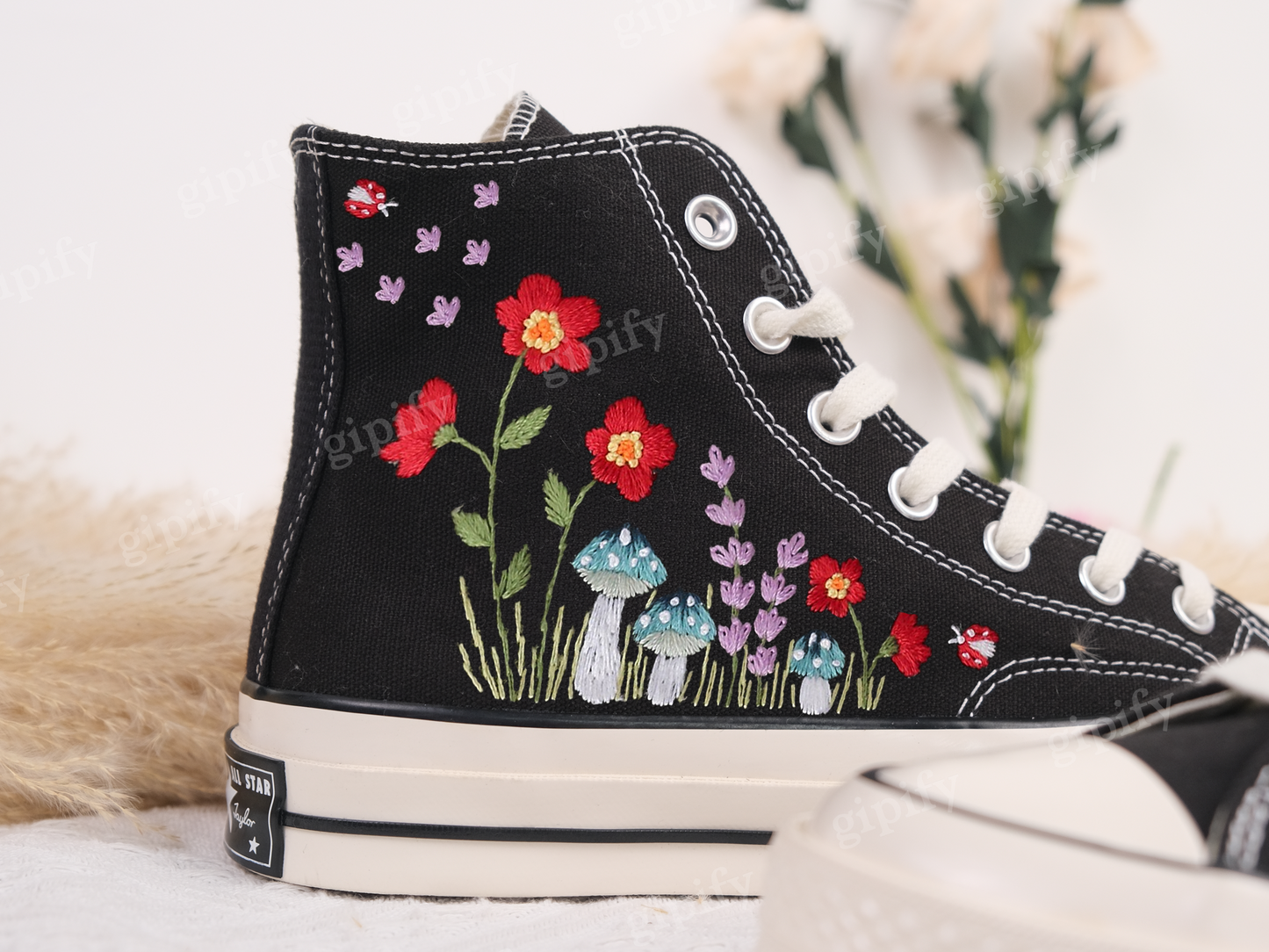 Embroidered Converse/Custom Converse Embroidered Blue Mushrooms and Red Flowers/Mushrooms Embroidered Shoes/Mushrooms Embroidered Sneaker