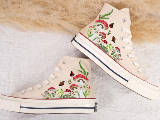 Custom Embroidered Converse, Mushrooms Embroidered Sneakers Custom, Mushrooms Embroidered Converse Shoes, Gifts for Her