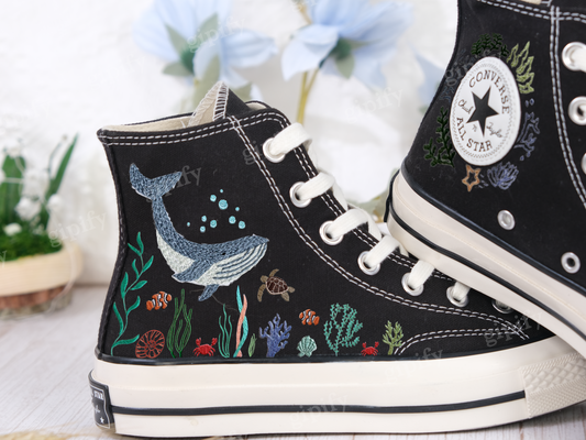 Custom Embroidered Converse High Tops/ Custom Converse Chuck Taylor 1970s Blue Whale Embroidered Shoes/ Ocean Vibes Embroidered