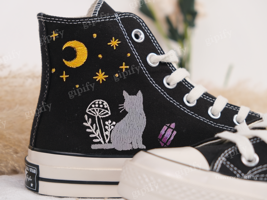 Custom Hand Converse Chuck Taylor 1970s Cat Mushroom Embroidered Converse All Star Converse Cat Moon and Stars Personalized Gifts For Her