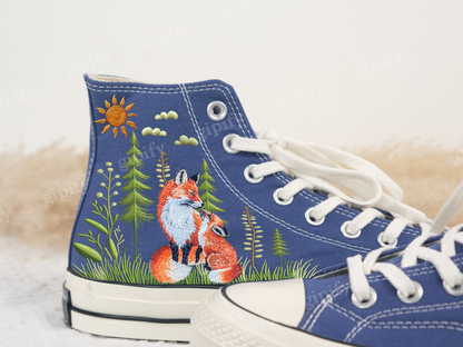 Embroidered Converse/Converse Mushroom/Custom Converse Pet/Embroidered Converse High Tops Fox Mushroom And Sweet Sunflower Garden