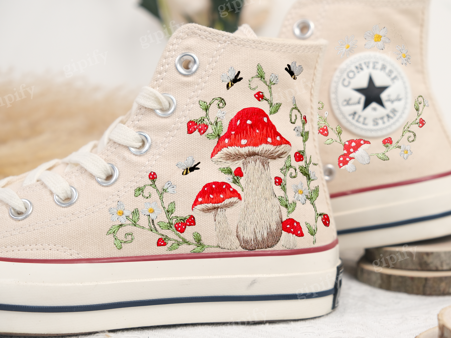 Customized Converse Embroidered Shoes/Mushrooms Embroidered Sneakers Women/Gardens Mushrooms/Strawberry Embroidered Converse Chuck Taylor