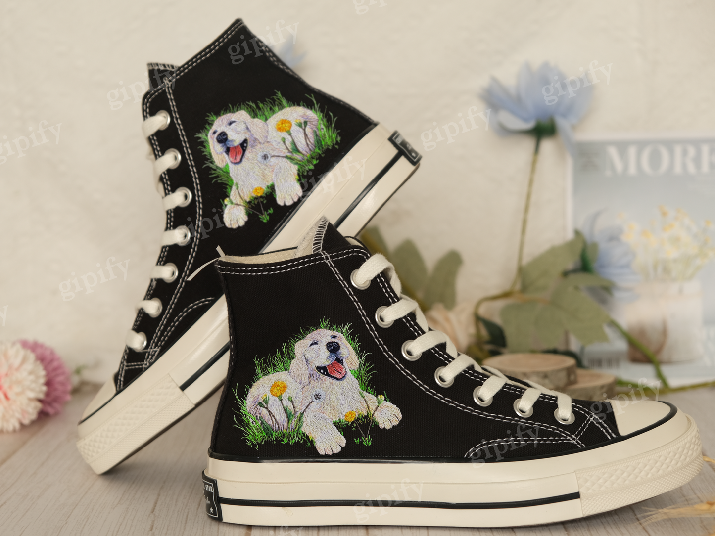 Embroidered converse/ Converse Custom Dogs and Butterflies Embroidery / Flower Converse Shoes/ Custom Converse Chuck Taylor 1970s/Gift Her