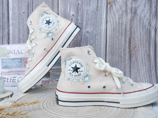 Custom Converse Platform, Wedding Blue Flowers Embroidered Shoes for Bride, Blue Wildflowers Embroidered Shoes Platform, Bridal Sneaker