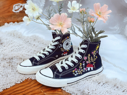 Custom Embroidery, Embroidered Converse High Tops , Mushroom and Flower Garden Embroidered Shoes Custom, Valentine Day Gifts