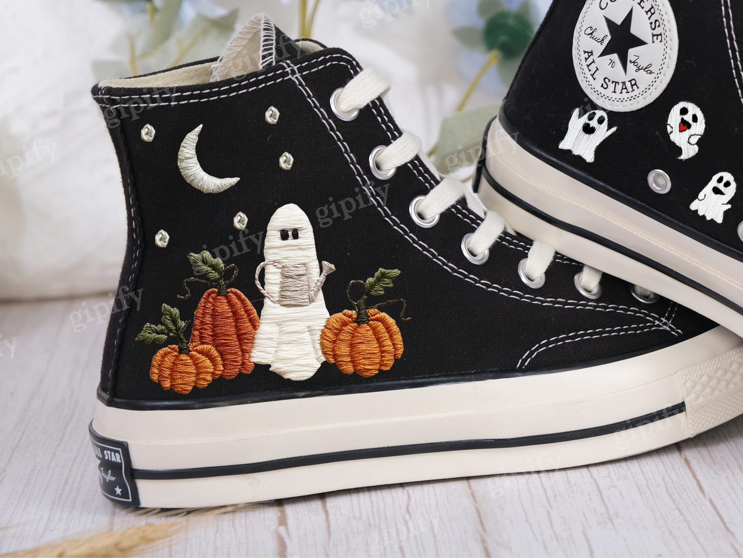 Custom embroidered sneakers, Ghost and pumpkin embroidered sneakers, Halloween Vibes embroidered sneakers, Personalized bridal sneakers