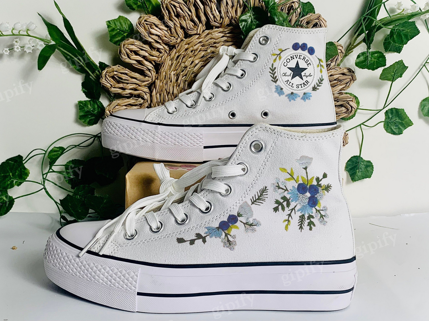 Custom Converse Platform, Wedding Flowers Embroidered Platform Shoes, Converse Embroidered Blue Bouquets, Personalized Bridal Sneaker