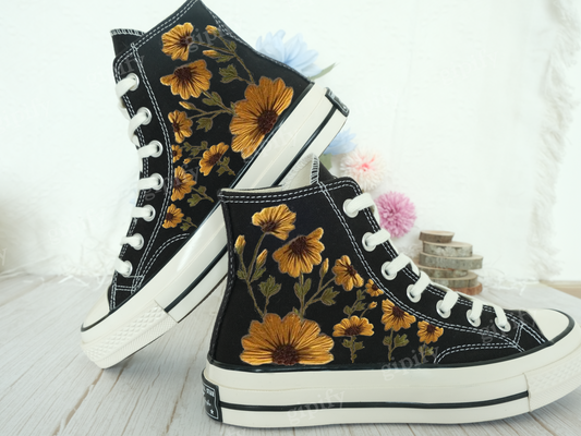 Floral Converse/ Embroidered converse/ Converse High Tops The Hill Of Brilliant Sunflowers/ Embroidered Sneakers Logo Big Sunflower