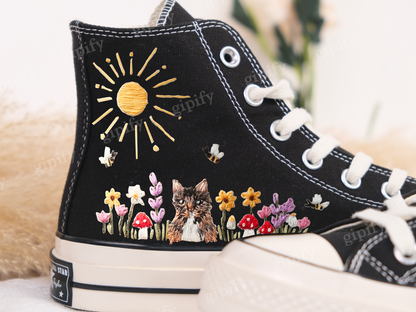 Custom Converse High Tops/Floral Converse/Embroidered Converse Colorful Sunflower And Wildflower Garden/Sunflower Birthday/White Converse