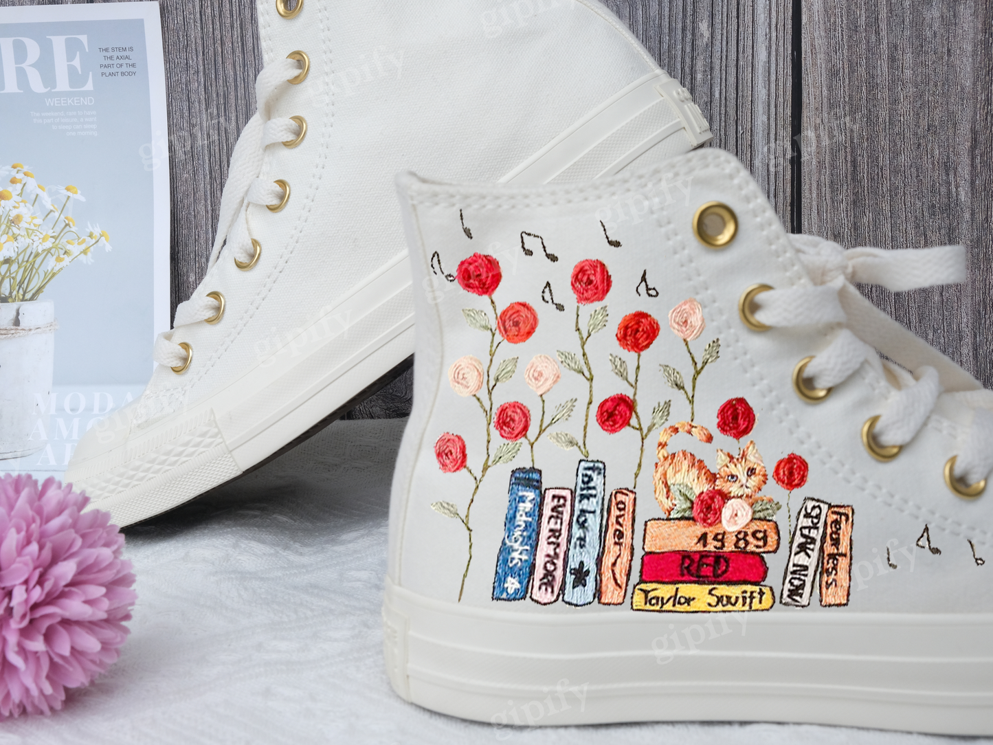 Custom Embroidered Converse Chuck Taylor All Star Shoes, Cat and Flower, 1989 Embroidered Sneaker, Flower Embroidery Shoes, Handmade Gifts