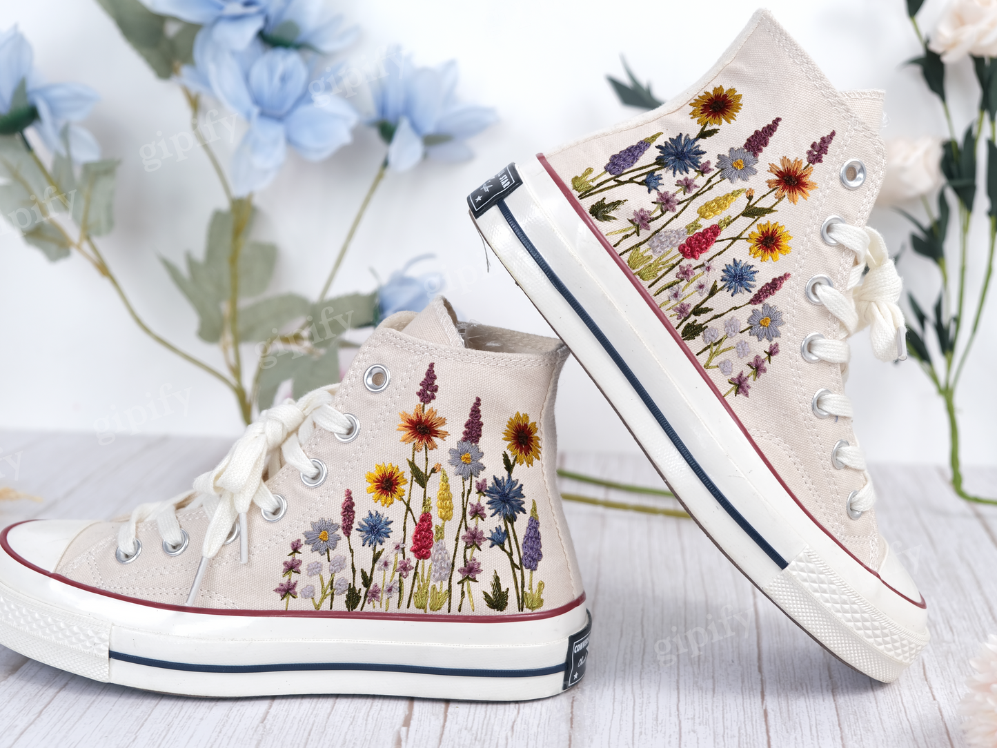 Custom Wedding Converse Embroidered Flowers/Wedding Flowers Embroidered Shoes/Bridal Flowers Embroidered Sneaker/Custom Sneaker With Name