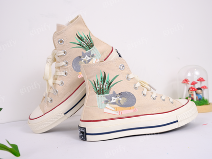 Custom Converse High Tops Chuck Taylor 1970s/Embroidered Flower and Cat Converse/Handmade embroidered cat pets shoes/Wedding gift for her