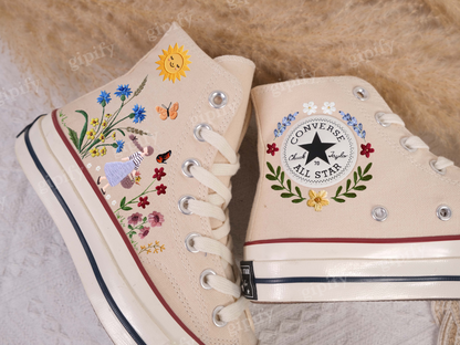 Embroidered Converse Custom Wedding Flower/ Custom Embroidered Converse High Tops Chuck Taylor 1970s/ Embroidered Converse Sunflower Garden