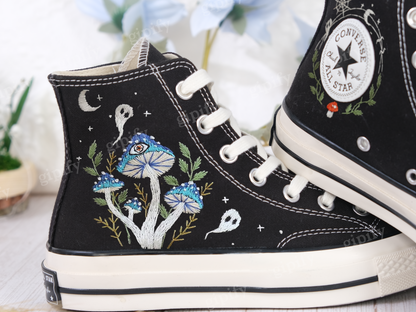 Custom Shoes Embroidered Ghosts and Mushrooms Sneakers/Custom Converse Chuck Taylor Embroidered Mushrooms/Mushrooms Embroidered Sneakers