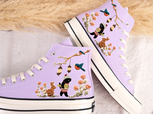 Embroidered Converse/Flower Converse/Custom Converse Pet/Embroidered Converse High Tops Butterfly Cat And Sweet Sunflower Garden