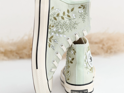 Custom Wedding Converse High Tops, Bridal Flowers Embroidered Shoes, Wedding Flowers Embroidered Sneakers, Personalized Gifts for Girlfriend