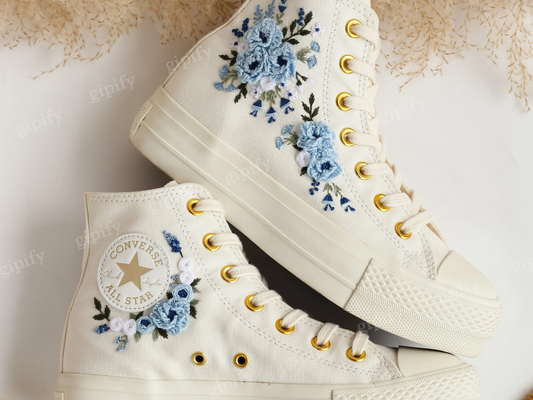 Embroidered Converse Platform, Wedding Converse Embroidery Dusty Blue Floral, Wedding Flowers Embroidered Sneakers, Wedding Shoes for Bridal