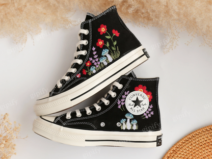 Embroidered Converse, Custom Converse Embroidered Blue Mushrooms and Red Flowers, Mushrooms Embroidered Shoes, Mushrooms Embroidered Sneaker