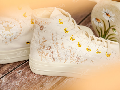 Custom Converse Platform, White Wedding Flowers Embroidered Converse, Bridal Flowers Embroidered Shoes, Flowers Embroidered Sneakers