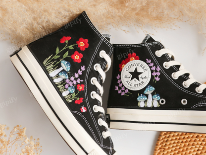 Embroidered Converse, Custom Converse Embroidered Blue Mushrooms and Red Flowers, Mushrooms Embroidered Shoes, Mushrooms Embroidered Sneaker