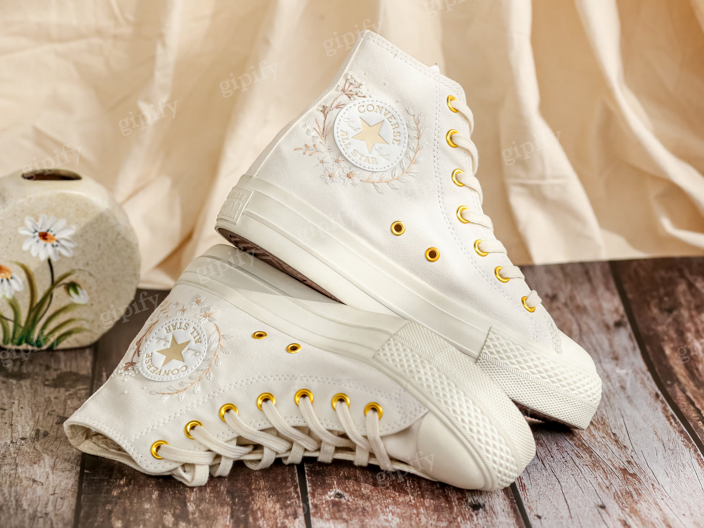 Custom Converse Platform, White Wedding Flowers Embroidered Converse, Bridal Flowers Embroidered Shoes, Flowers Embroidered Sneakers