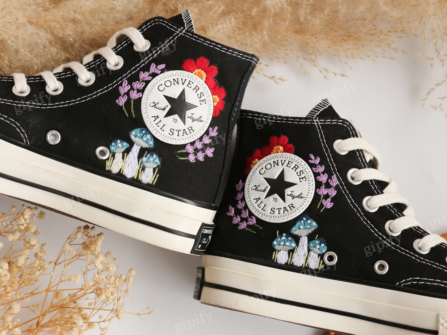 Embroidered Converse, Custom Converse Embroidered Blue Mushrooms and Red Flowers, Mushrooms Embroidered Shoes, Mushrooms Embroidered Sneaker