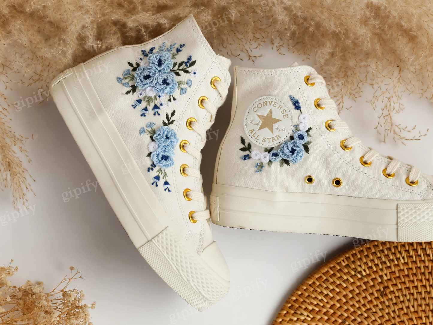 Embroidered Converse Platform, Wedding Converse Embroidery Dusty Blue Floral, Wedding Flowers Embroidered Sneakers, Wedding Shoes for Bridal