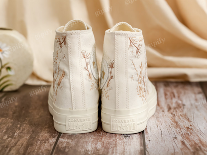 Custom Converse Platform, White Wedding Flowers Embroidered Converse, Bridal Flowers Embroidered Shoes, Flowers Embroidered Sneakers