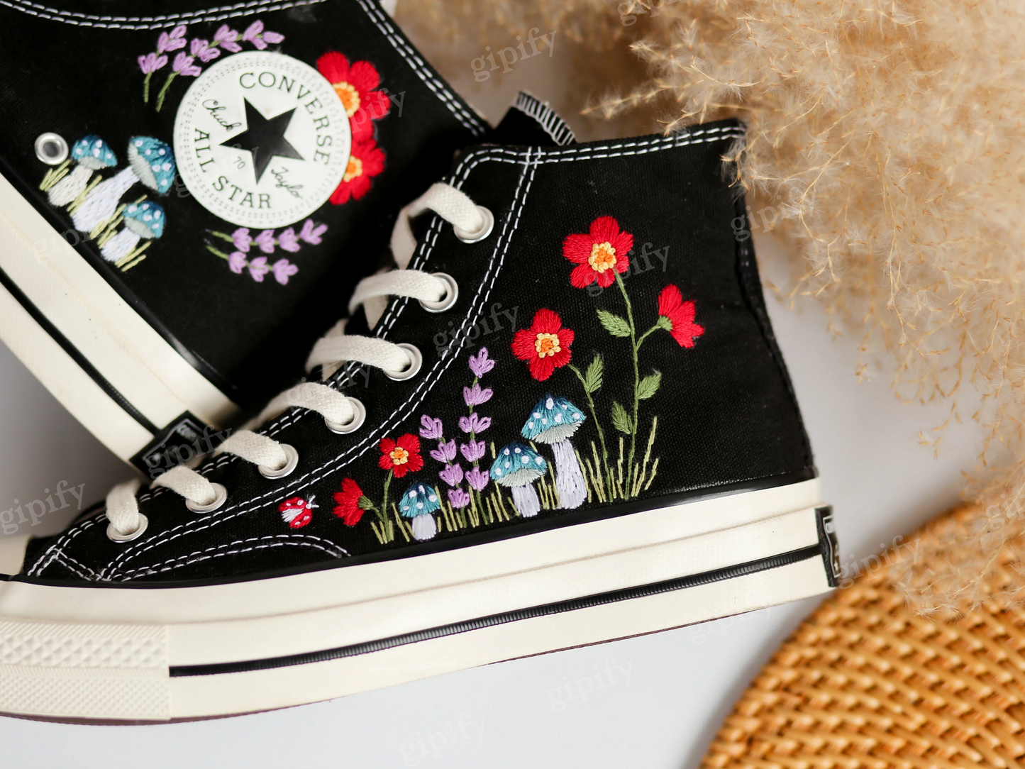 Embroidered Converse, Custom Converse Embroidered Blue Mushrooms and Red Flowers, Mushrooms Embroidered Shoes, Mushrooms Embroidered Sneaker