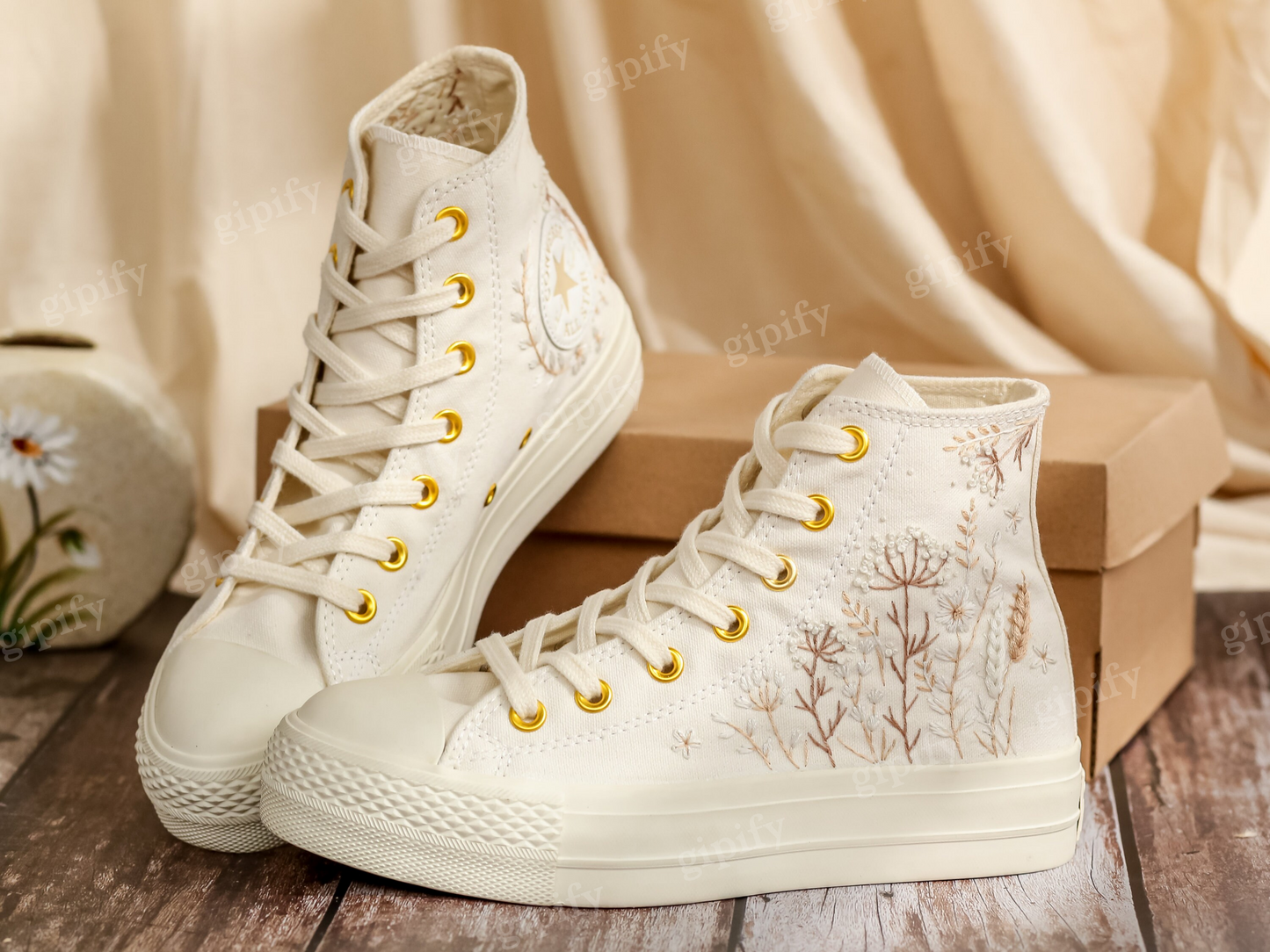 Custom Converse Platform, White Wedding Flowers Embroidered Converse, Bridal Flowers Embroidered Shoes, Flowers Embroidered Sneakers