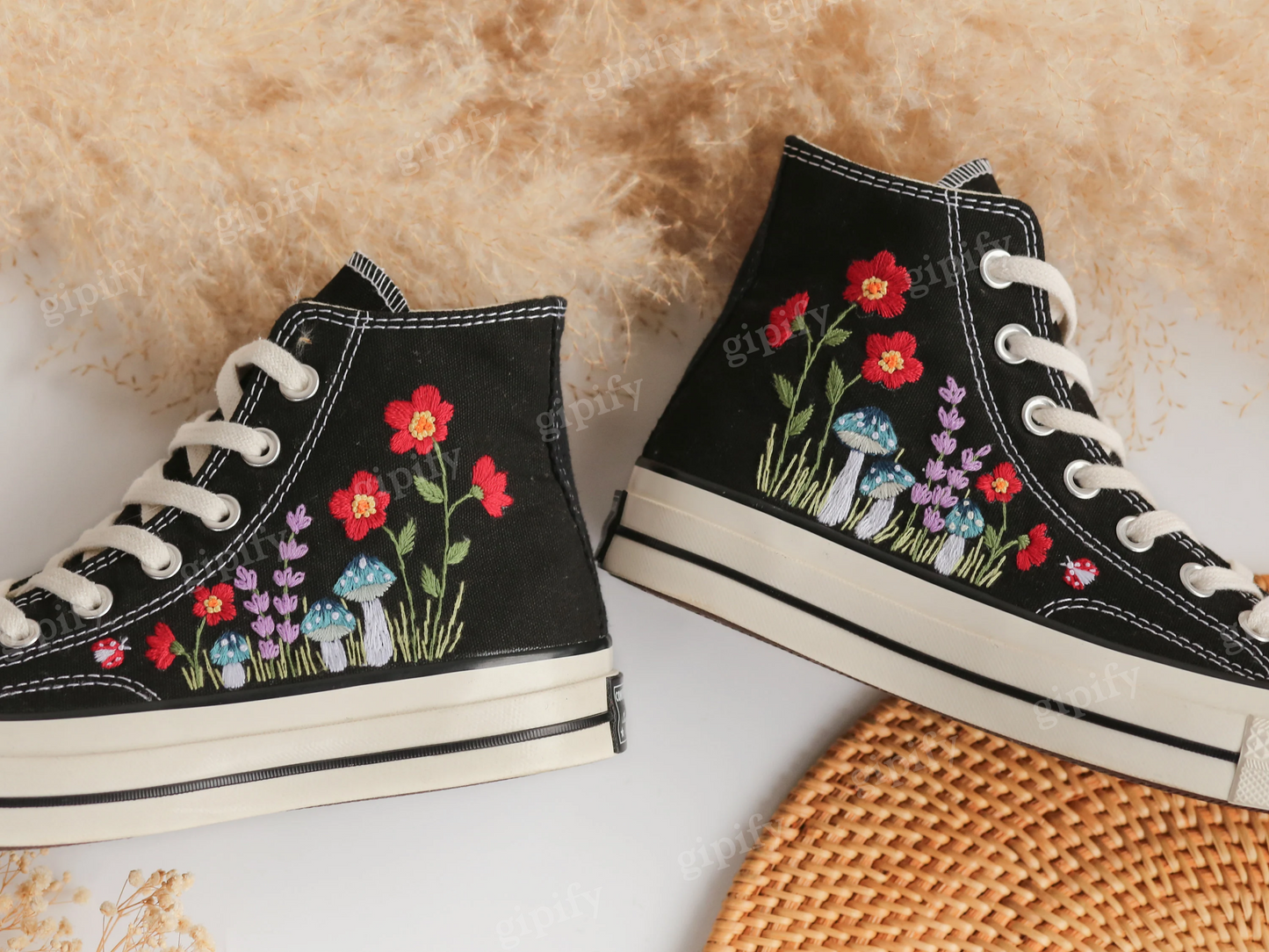 Embroidered Converse, Custom Converse Embroidered Blue Mushrooms and Red Flowers, Mushrooms Embroidered Shoes, Mushrooms Embroidered Sneaker