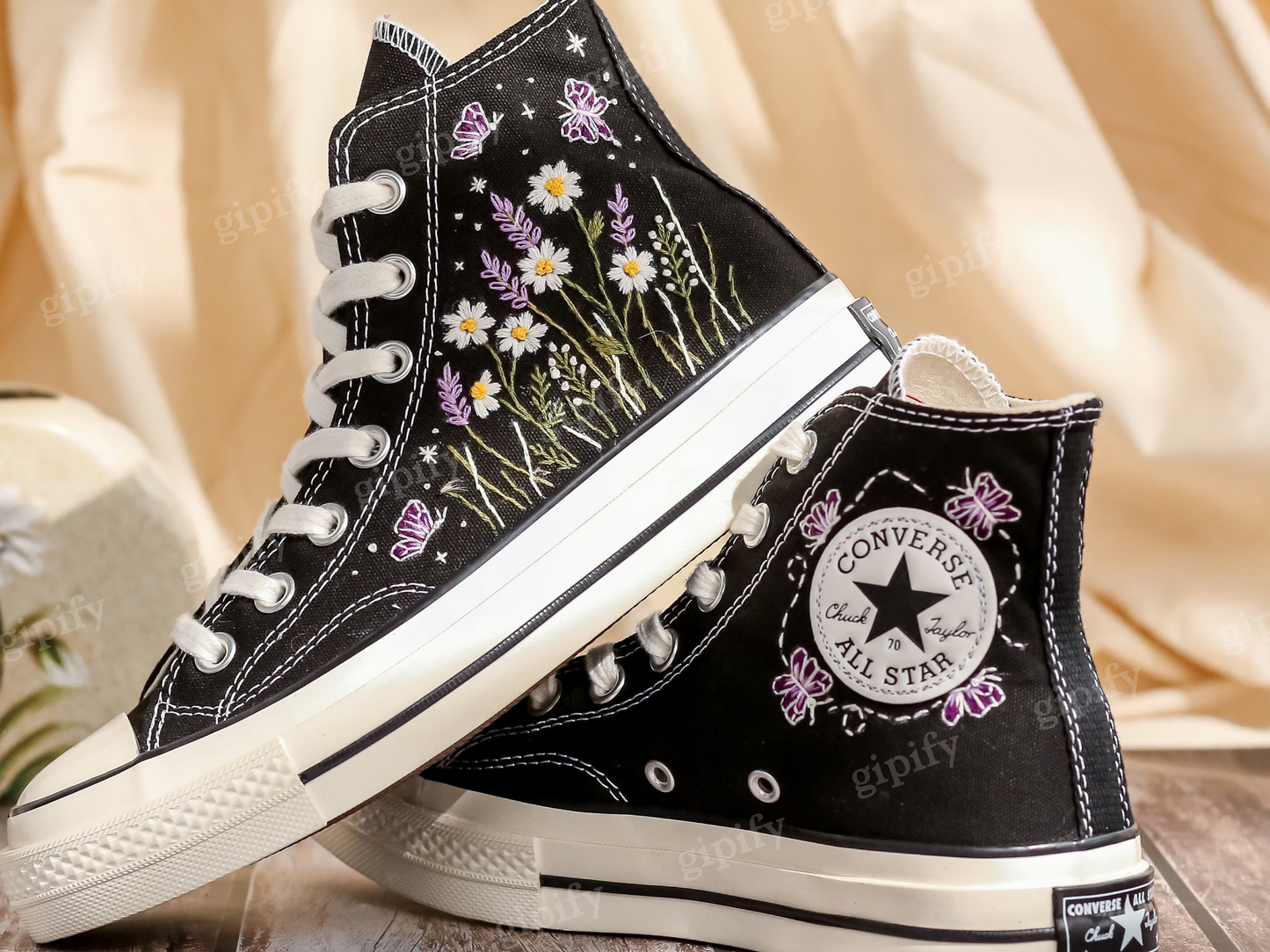 Embroidered Converse High Tops, Daisy, Lavender Flowers Embroidered Shoes, Converse Embroidery Butterfly, Floral, Anniversary Gifts for Her